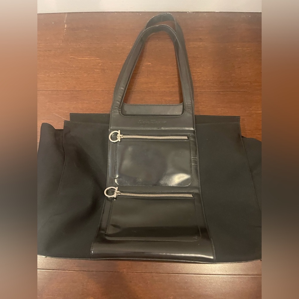 salvatore Ferragamo Black Tote Bag with silver zipper accents